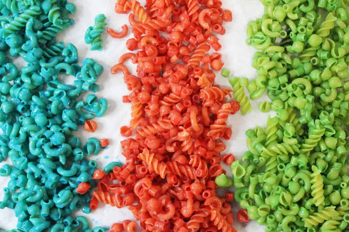 12 Easy DIY Dyed Sensory Materials For Sensory Play The Mindful Toddler   Dyed Pasta 