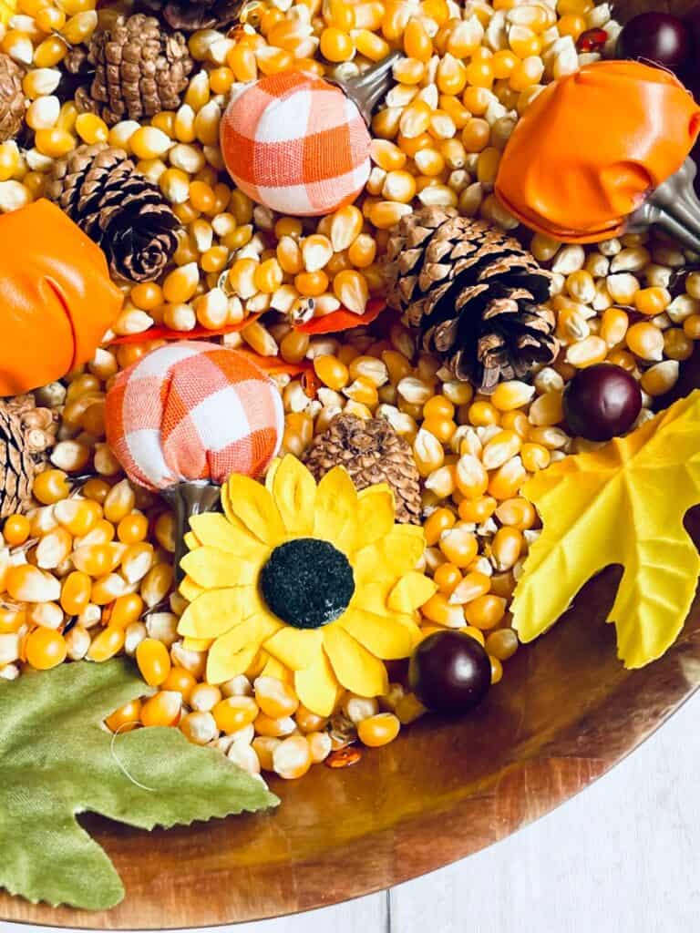 close up to see pumpkins, flowers, and popcorn