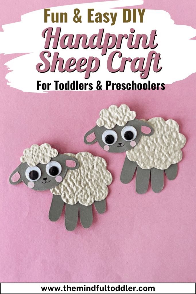 DIY handprint sheep craft made with colored paper, fluffy embossed wool, googly eyes, and handprint cutouts. Finished sheep art includes pink blush and black nose details, perfect for toddlers and preschoolers learning about farm animals. Great for preschool art, keepsakes, and sensory activities.

