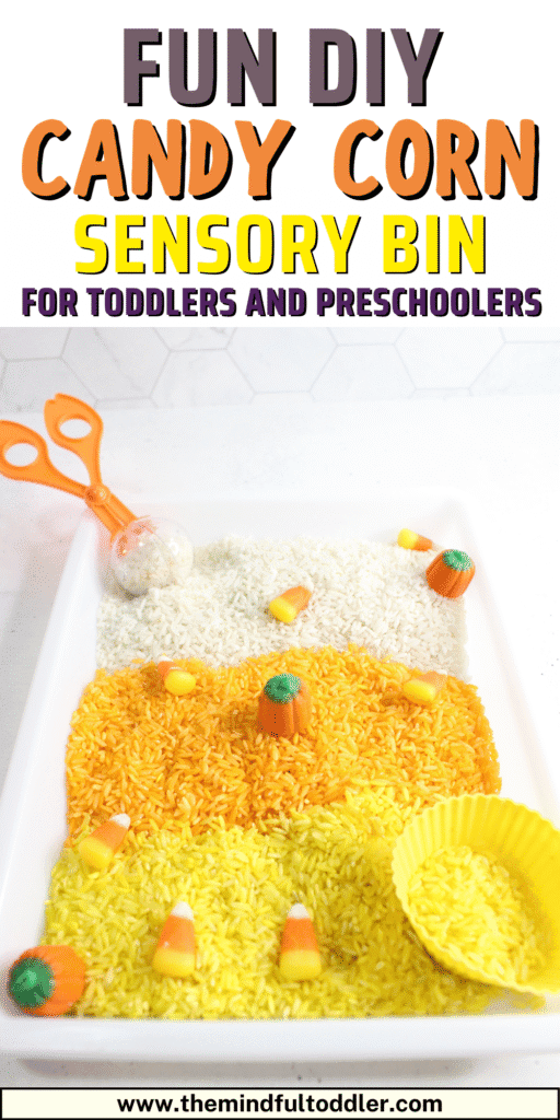 DIY candy corn sensory bin for toddlers and preschoolers with orange, yellow, and white rice or pasta. A fun and engaging fall activity that promotes fine motor skills, color sorting, and hands-on learning through playful sensory exploration. Perfect for Halloween or autumn themes.









